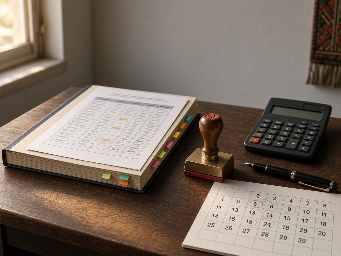 Bureau d'administration : contrat relié avec onglets, tampon, calendrier de jalons et stylo