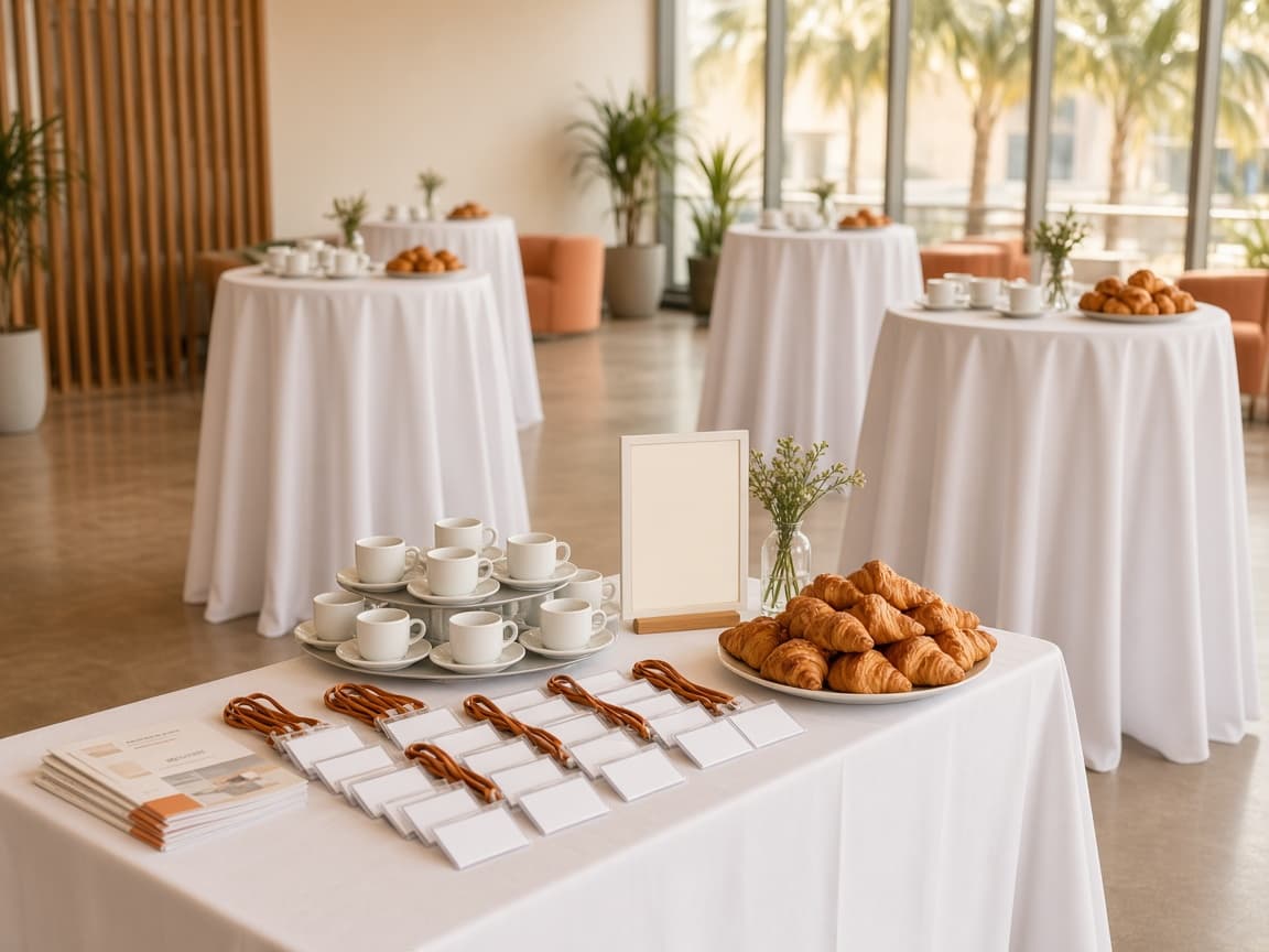 Table d'accueil d'une matinale entreprises : badges, programmes et café avant l'arrivée des invités